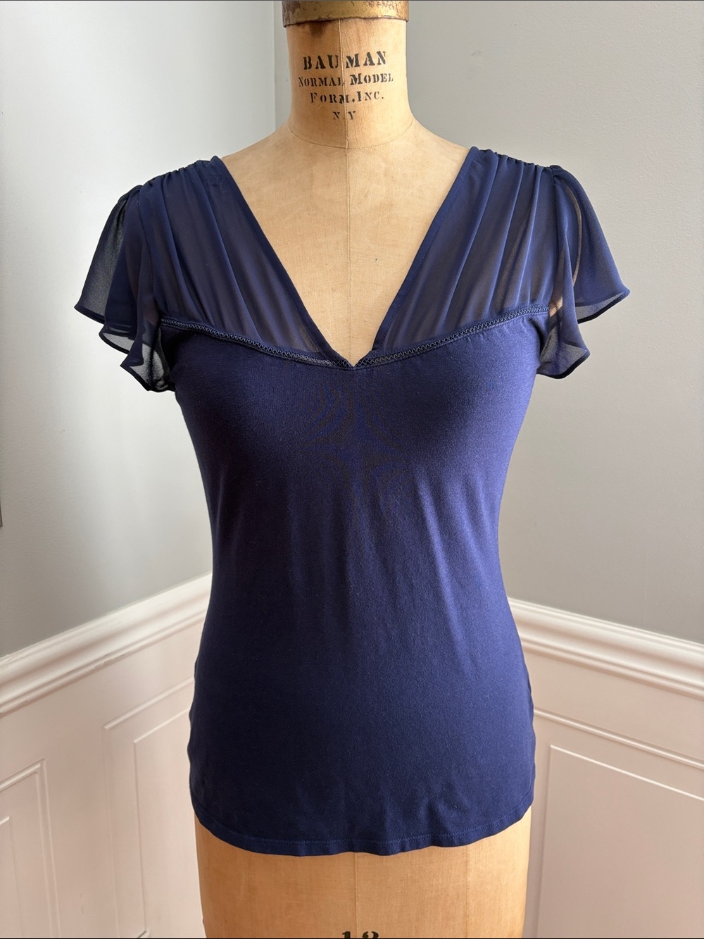 Express Navy V-Neck Sheer Flutter Sleeve Camisole
